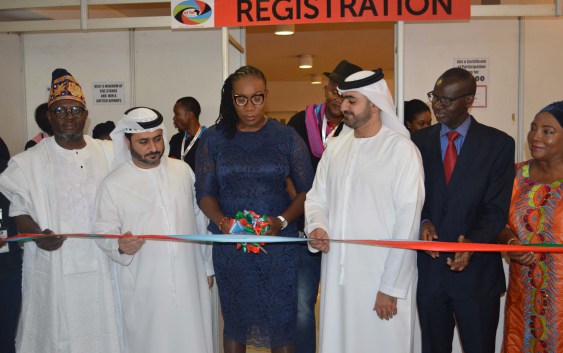 L-R: NANTA President, Bernard Bankole, Mr. Talal Alsuwaidi, Manager, Dubai Tourism, Deputy Minister, Zimbabwe Tourism and Hospitality Industry, Annastacid Ndlouv, Mr Ikechi Uko, organiser Akwaaba African Travel Market; Mr. Omror Alal, Dubai Immigration, and Rwanda High Commissioner to Nigeria, Amb. Stanislas Kamanzi at the official opening of 12 Akwaaba holding in Lagos.