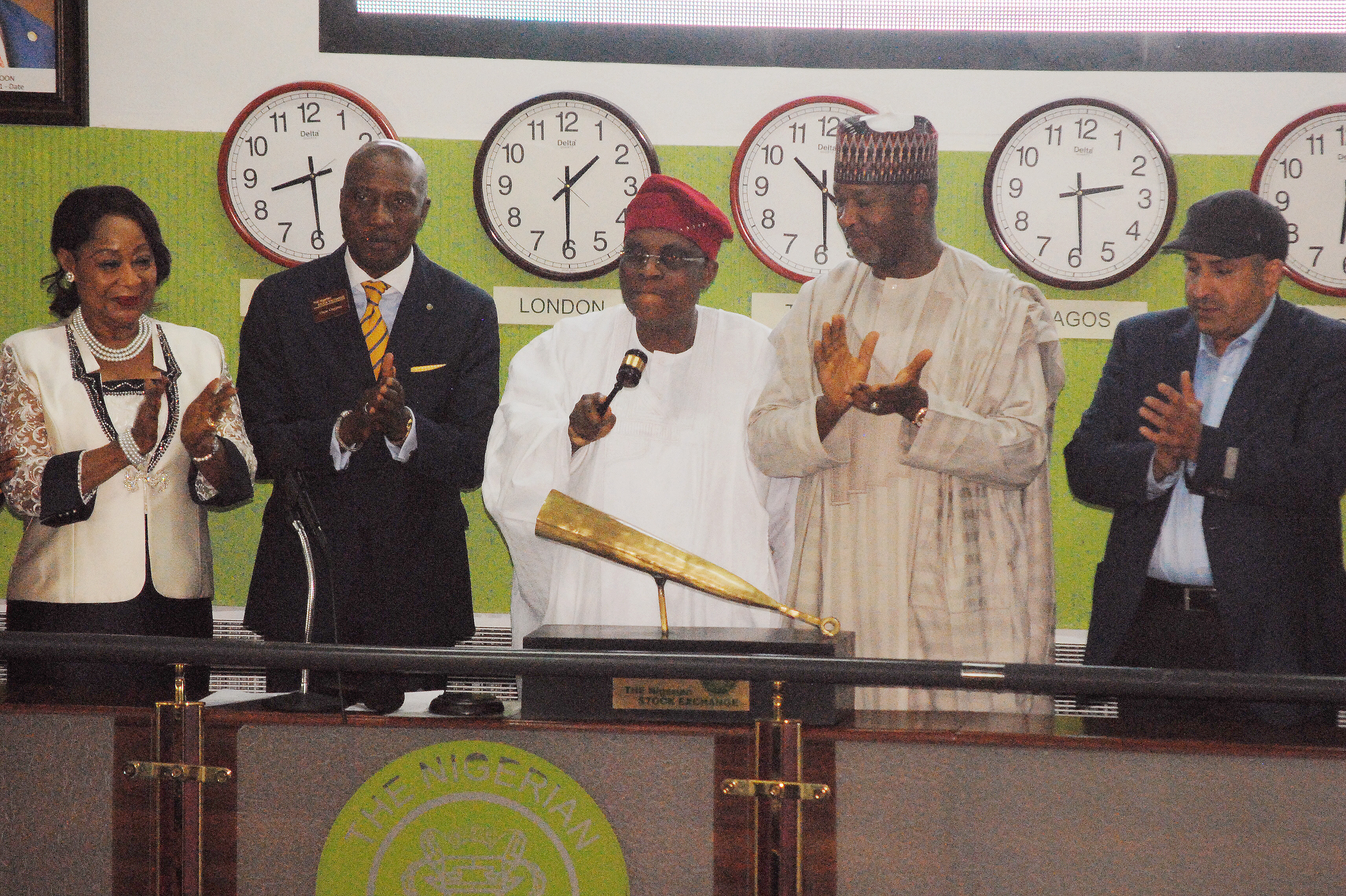 Minister of State, Aviation, Sen. Hadi Sirika, (2nd right)Chairman, Med-View Airline Plc, Sheik Abdul Moshen Rahman Al-Thunavan, (right), Managing Director/Chief Executive Officer, Med-View Airline Plc, Alhaji Muneer Bankole, (middle)President, Lagos Chambers of Commerce & Industry, Chief (Mrs.) Nike Akande, (left) and Chief Executive Officer, Nigeria Stock Exchange, Mr. Oscar N. Onyema during the Med-View Airline Plc facts behind the listing at Nigeria Stock Exchange yesterday.