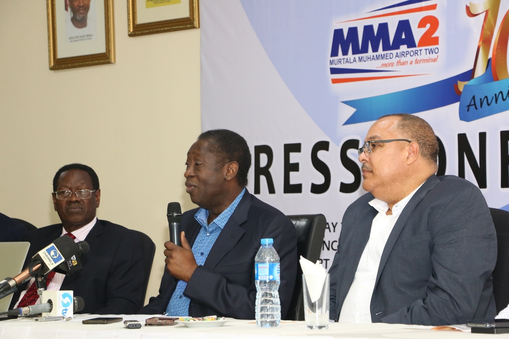 From left: Vice-Chairman, The Resort Group, Chief Kola Akinbami, Chairman, Dr. Wale Babalakin (SAN) and Chief Executive Officer, Bi-Courtney Aviation Services Limited (BASL), a subsidiary of The Resort Group, Captain Jari Williams at the Murtala Muhammed Airport Terminal Two (MMA2's) 10th Anniversary Press Conference held in Lagos yesterday.