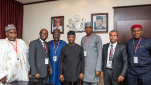 Alh Abdulmunaf Yunusa Sarina, President Azman Air; Mr. Samson Fatokun, Area Mgr. South-West Africa, IATA; Alh Kashim B.Shettima, Chairman SkyJet; Nogie Meggison, Chairman AON; Jacky Hathiramani, CEO Dana Air, Allen Onyema CEO Air Peace . PHOTOS BY: NOVO ISIORO