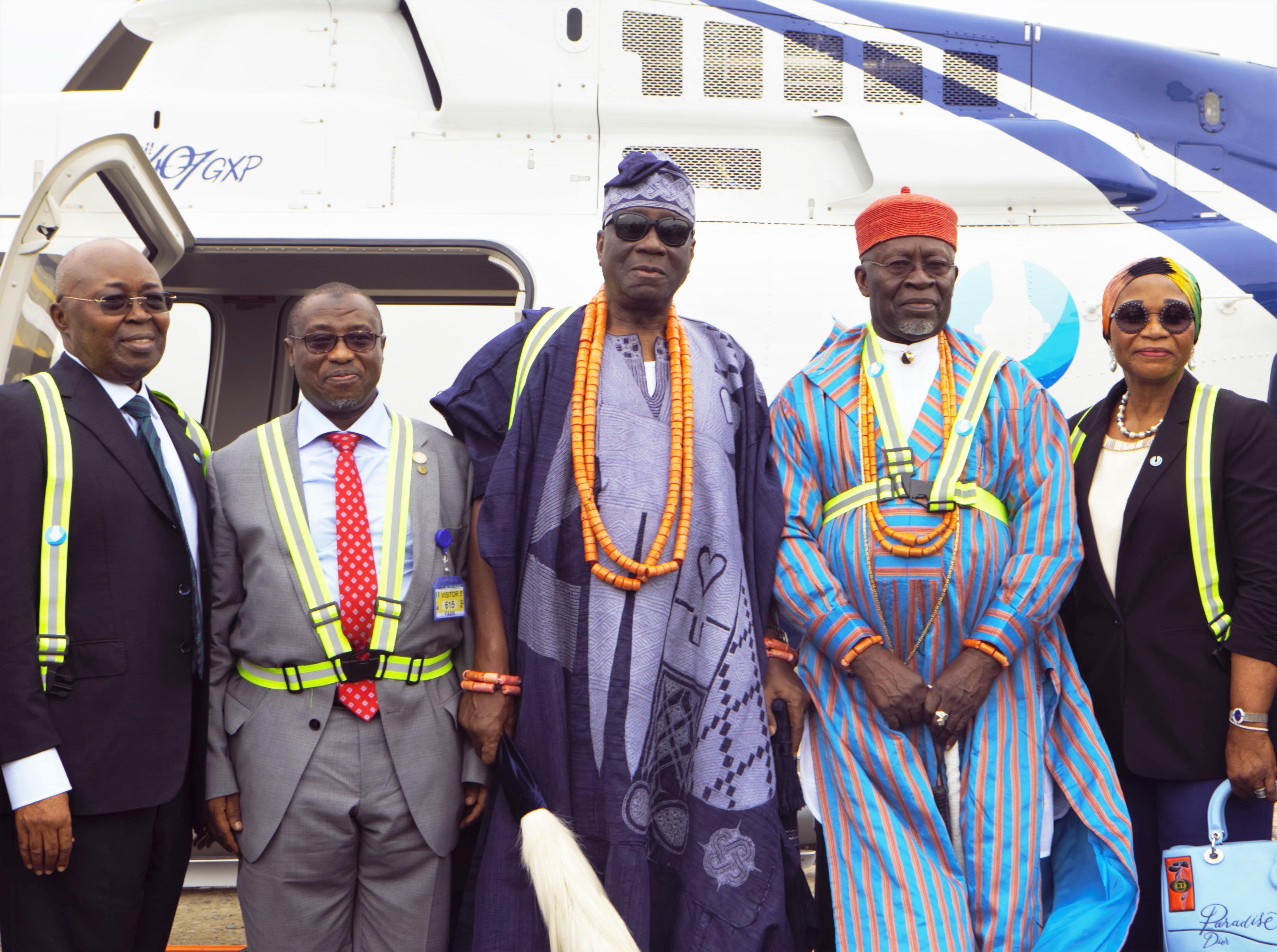 L-R: Chairman, Caverton Offshore Support Group, Mr. Remi Makanjuola, Group Managing Director NNPC, Dr. Maikanti Baru, Oba Rilwan Akiolu of Lagos, former Group Managing Director, NNPC, King Edmond Dakoru and Mrs. Yoyinsola Makanjuoka at the Unveiling of II Brand New Fleet of Helicopters by Carveton Offshore Group held at the Executive Flight Facility Site on Murtala International Airport Ikeja…on Thursday.