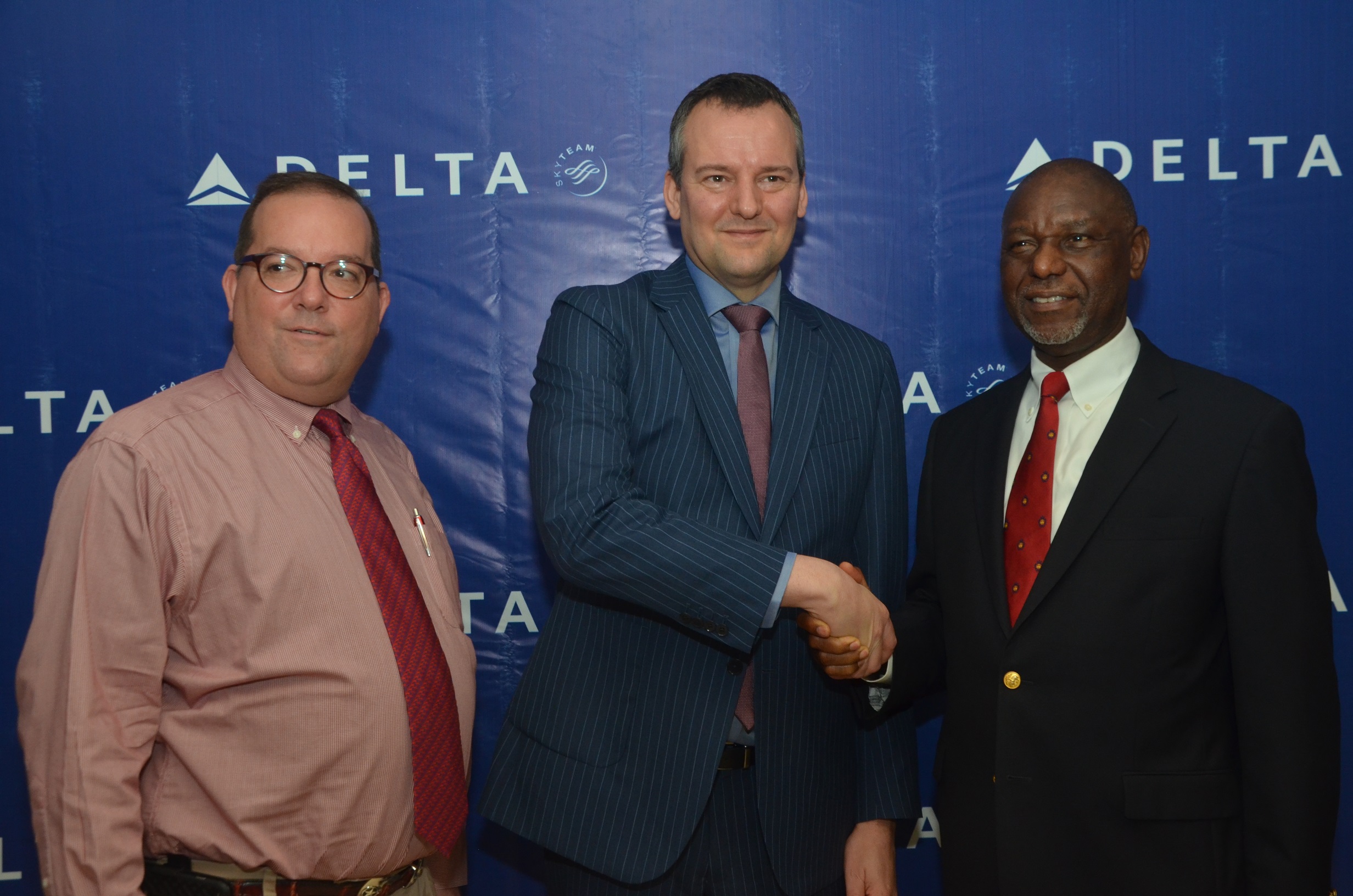 From L to R: Bobby Bryan, Commercial Director, East and West Africa; Corneel Koster, Senior Vice President, Europe, Middle East, Africa and India both of Delta Air Lines and Femi Adefope, Managing Director, Skylogistics, Delta General Sales Agent in Nigeria during the press conference announcement of the new Delta Air Lines Lagos New York route in Lagos.