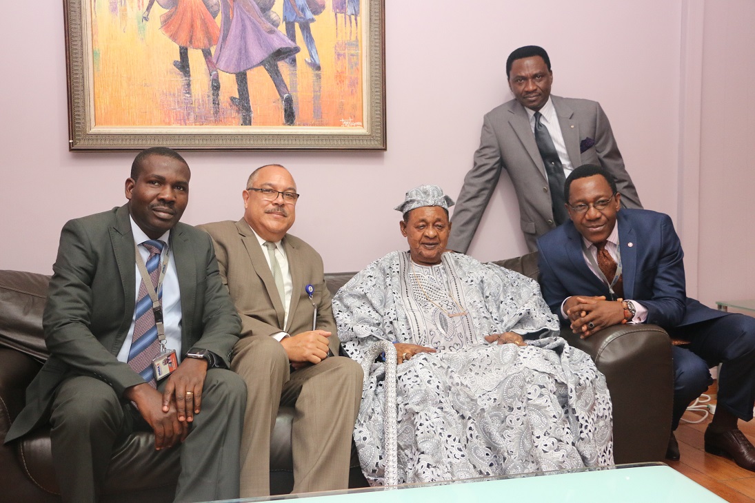 From left: Head, Finance and Accounts, Bi-Courtney Aviation Services Limited (BASL), operators of the Murtala Muhammed Airport Terminal Two (MMA2), Adeniran Olugbebi; Chief Executive Officer, Captain Jari Olubunmi Williams; Alaafin of Oyo, Oba Lamidi Adeyemi II; Head, Corporate Communications, Chief Stephen Omolale and Head, Marketing, Tony Awe (standing) when Oba Adeyemi visited the VIP Lounge of MMA2 on Wednesday.