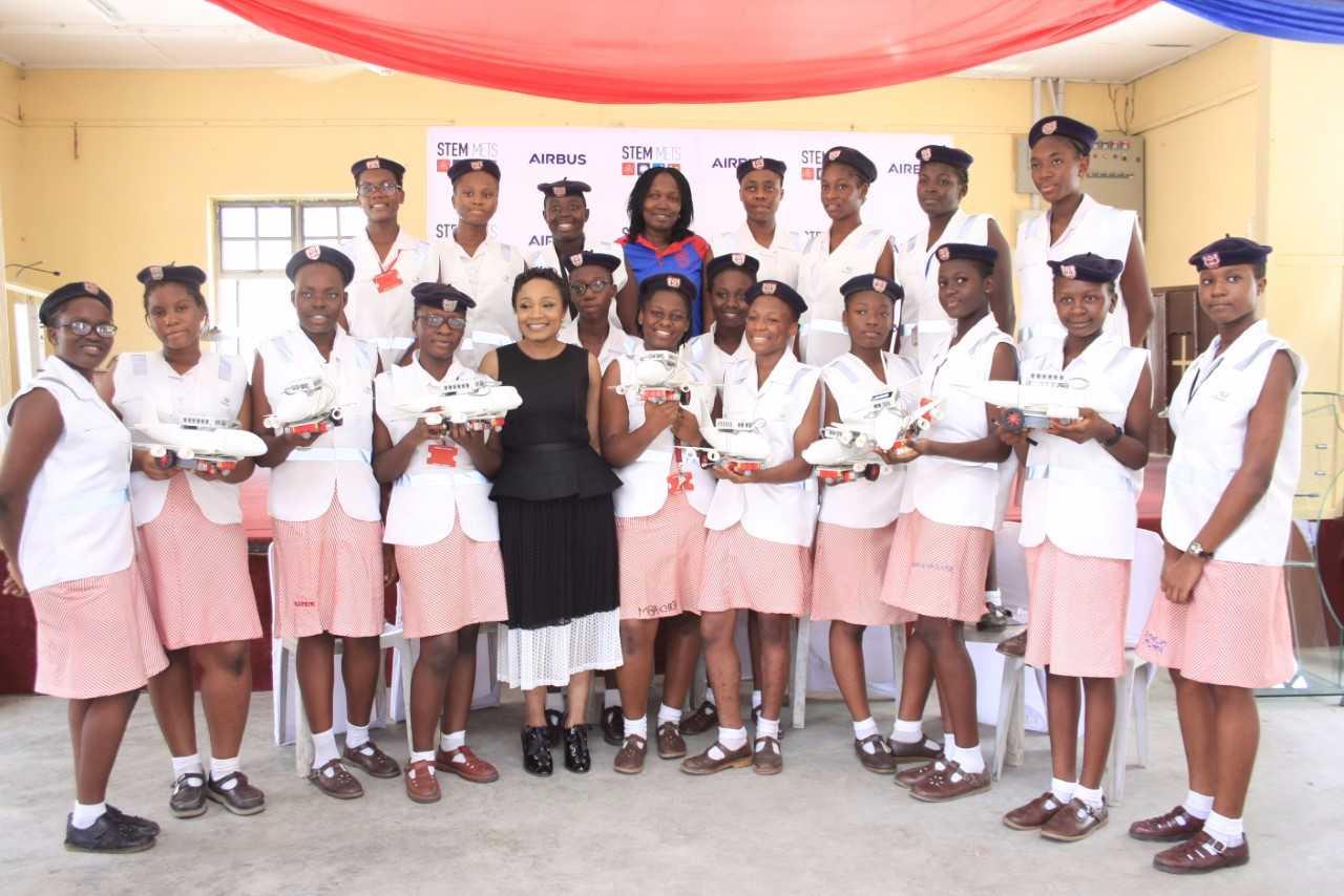 L-R: Mrs. Abimbola Ali, Vice Principal Academics Methodist Girls High School, Jadesola Adedeji, Founder STEM METS Resources and Program Coordinator Airbus A380 Workshop Nigeria, Oluwamumiyo Makindipe, participating student, Airbus A380 Little Engineer workshop and Rana El Chemaitelly, Founder and CEO, The Little Engineer Program, at the launch of Airbus Foundation A380 Little Engineer Workshop in Lagos Nigeria on Thursday.