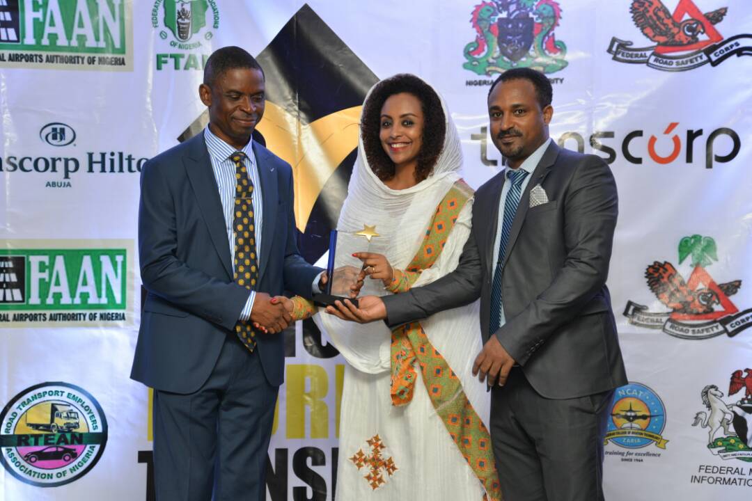 General Manager Ethiopian Airlines Nigeria Mrs. Firihewot Mekonnen and The Traffic Sales Manager for Abuja Tilahun Tadesse receiving the award.