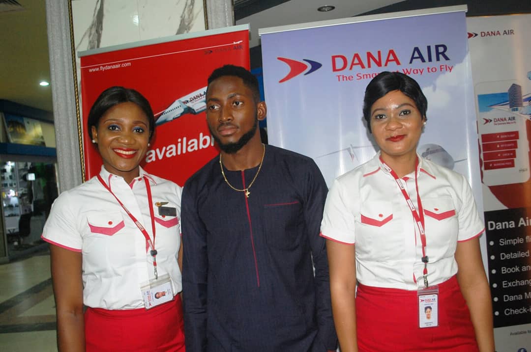 Caption L-R Ifeoma Adaka, Dana Air crew member, Miracle Igbokwe, winner of Big Bother Naija 2018, and another Dana Air crew member, Genevieve Olubumi, during the homecoming reception of the Big Brother Naija winner 2018 winner in Owerri, Imo state.