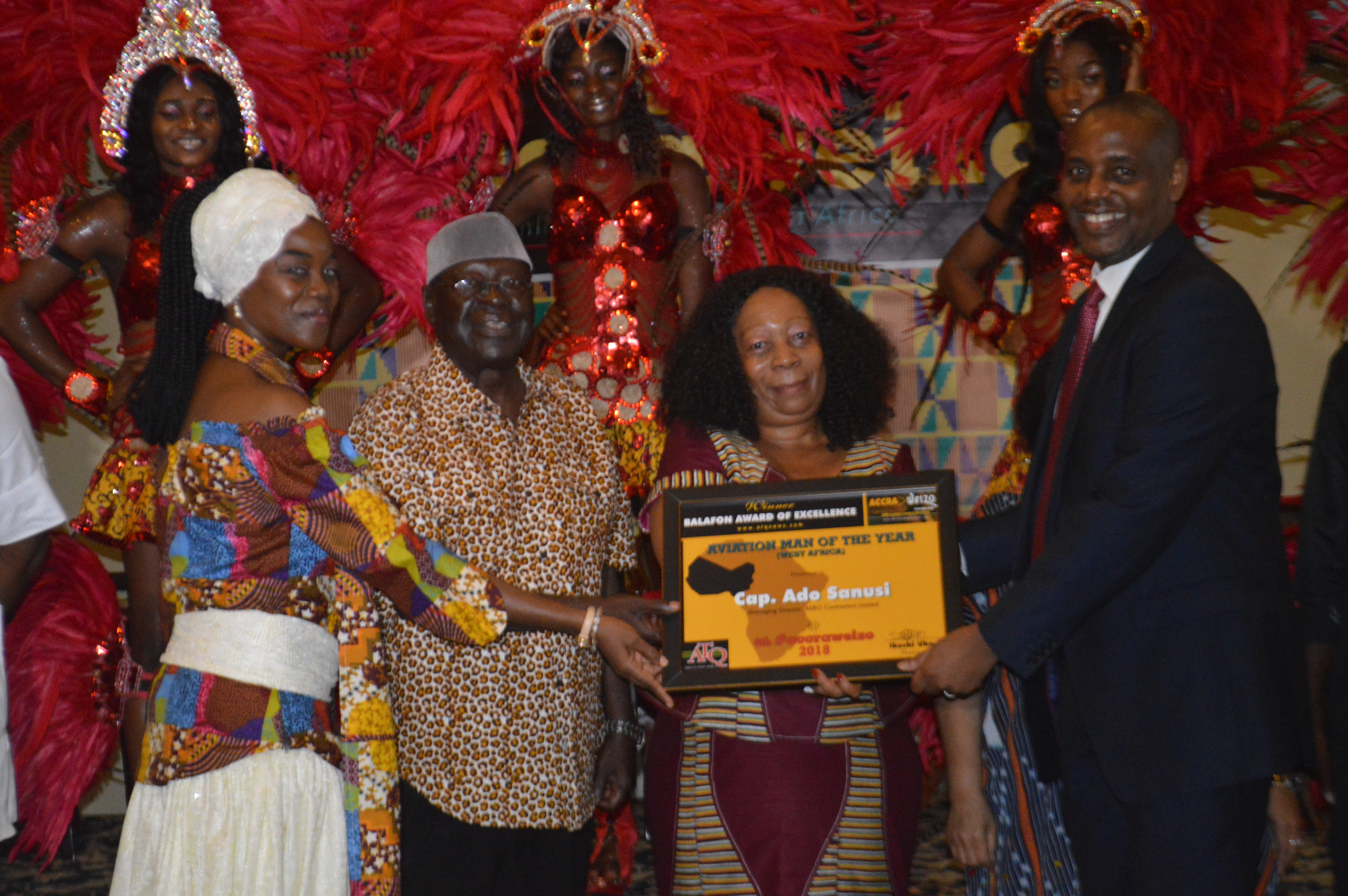 L-R: Akwaaba African Travel Market official, Mrs Rita Ikechi-Uko, Special Adviser to the Hon. Minister of Tourism, Arts and Culture, Ghana, Frank Apeasyei, Zimbabwean Ambassador to Ghana, Mrs. Pavelyn Tenclai Musaka, Chief Executive Officer, Aero Contractors Limited, Capt. Ado Sanusi receiving his Balafon Award for Aviation Man of the Year (West Africa) at the 4th Accra Weizo Tourism and Travel Conference in Ghana at the weekend.