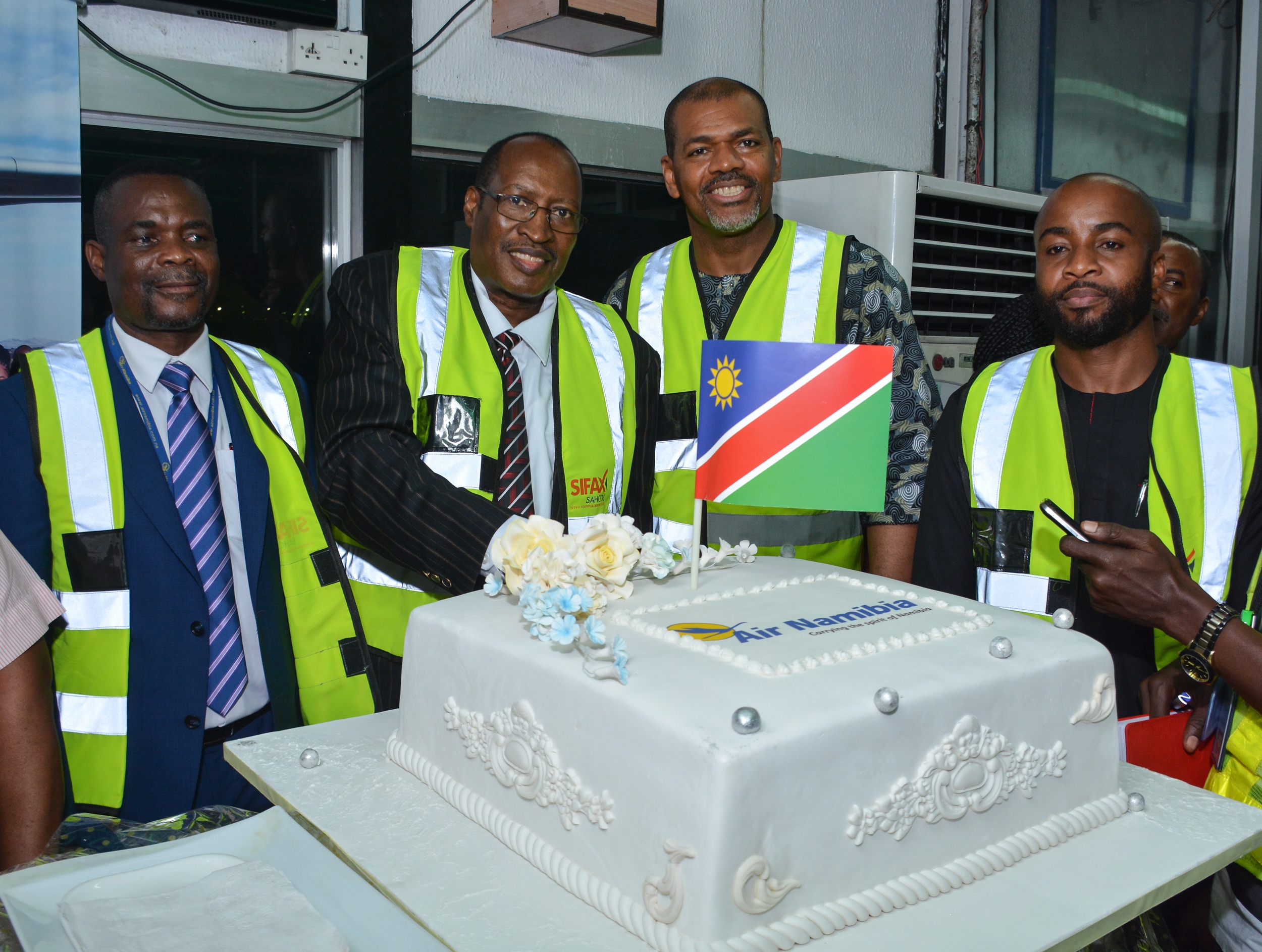 L-R- Mr Moses Shihepo, Acting General Manager, Ground Operations, Air Namibia; Dr. Peingeondjabi Shipoh, High Commissioner of Namibia to Nigeria, Cameroon, Ambassador to Chad and Permanent representative to ECOWAS; Mr Chuma Anosike, Honourary Consul of Namibia in Nigeria.