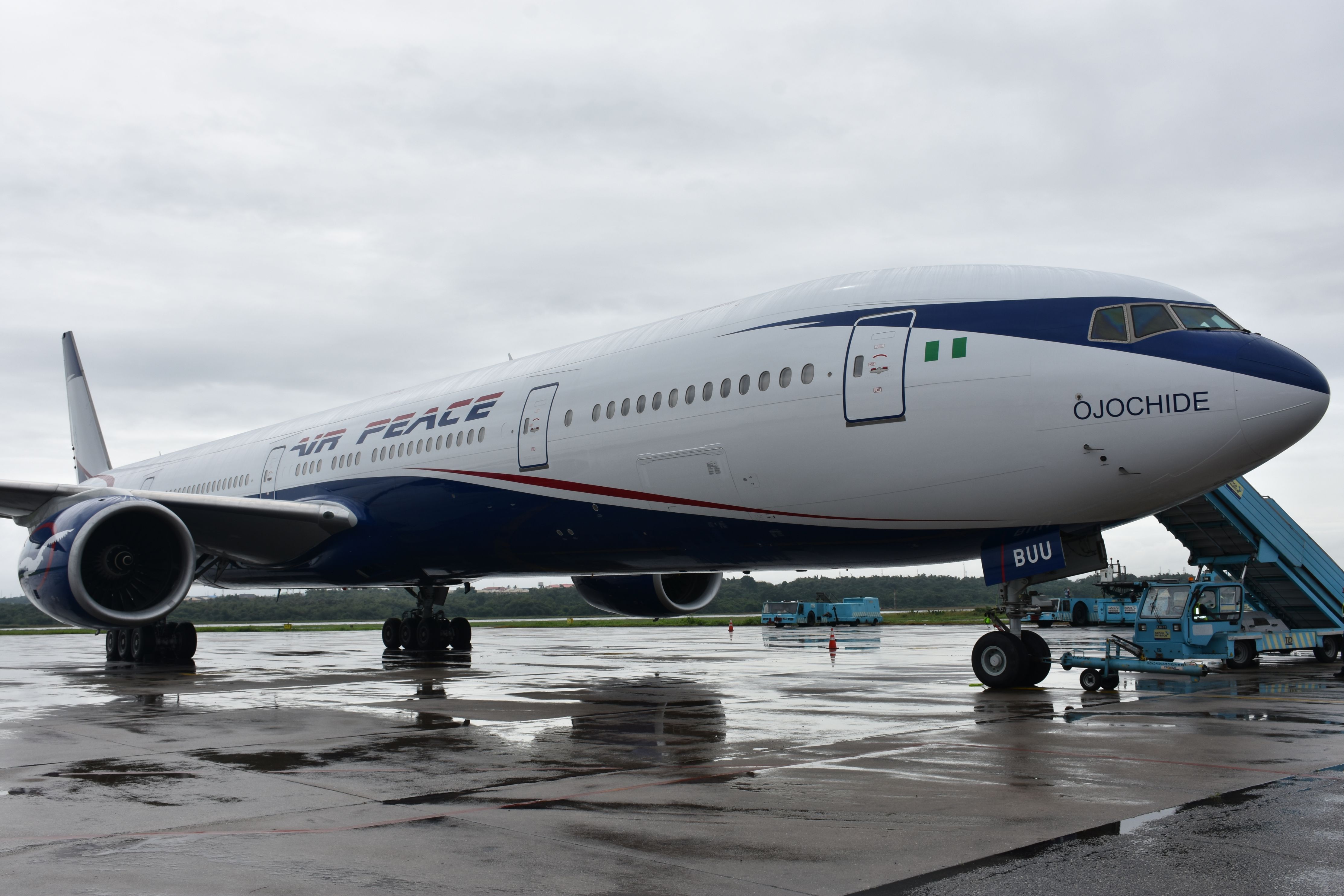 Air Peace second Boeing 777 after taxiing to a stop at the Murtala Mohammed International Airport, Lagos on Saturday