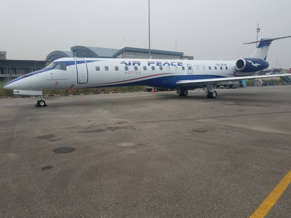 Air Peace’s 6th Embraer 145 aircraft at the Murtala Muhammed Airport, Lagos on Tuesday