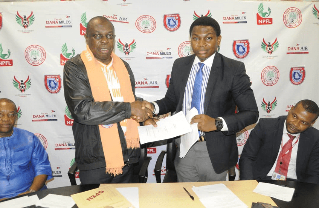 L-R Akwa United fc Chairman, Elder Paul Bassey and Media and Communications Manager of Dana Air Kingsley Ezenwa during Dana Air's extension of its sponsorship of the Club in Uyo recently.