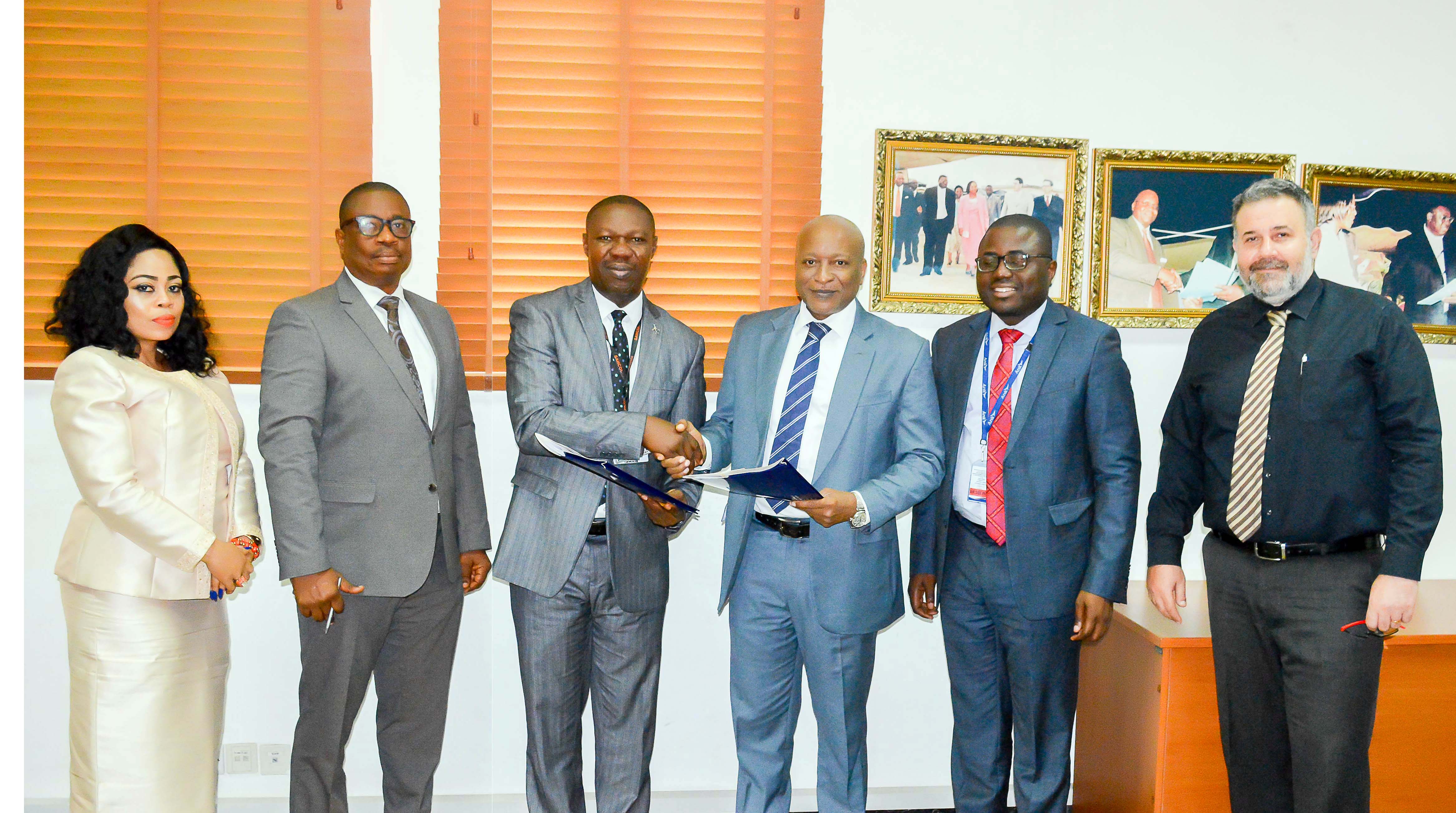 L-R: Executive Director, Cargo Services and Operations, Skyway Aviation Handling Company PLC (SAHCO), Mrs Boma Ukwunna; Executive Director, Sales and Marketing (SAHCO), Mr Olaniyi Adigun; Managing Director/CEO,SAHCO, Mr Basil Agboarumi; Managing Director, Arik Air, Captain Roy Ilegbodu; Chief Finance Officer, Arik Air, Mr Ayodeji Ilesanmi, Vice President and Customer Services, Arik Air, Mr Murat Ozkan at the signing of three-year renewal handling contract with the airline on Monday.