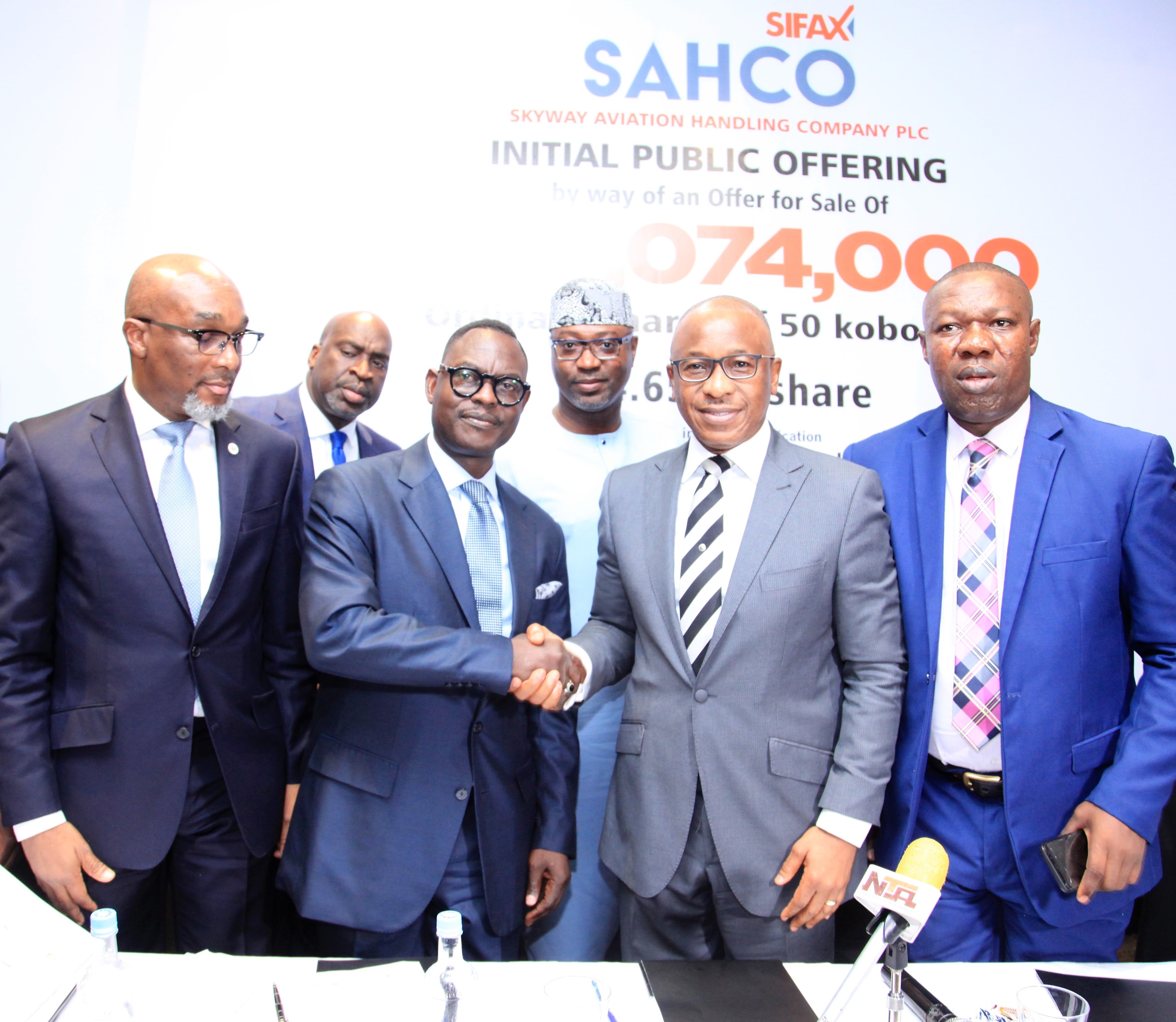 L-R (Front): Mr Chuka Eseka, Managing Director, Vetiva; Dr Taiwo Afolabi, Chairman, Skyway Aviation Handling Company PLC; Mr Alex Okoh, Director General, Bureau of Public Enterprises; Mr Basil Agboarumi, Managing Director/ CEO, Skyway Aviation Handling Company PLC, at SAHCO’s Public Offering that held at the Southern Sun Hotel, Ikoyi, Lagos on Monday