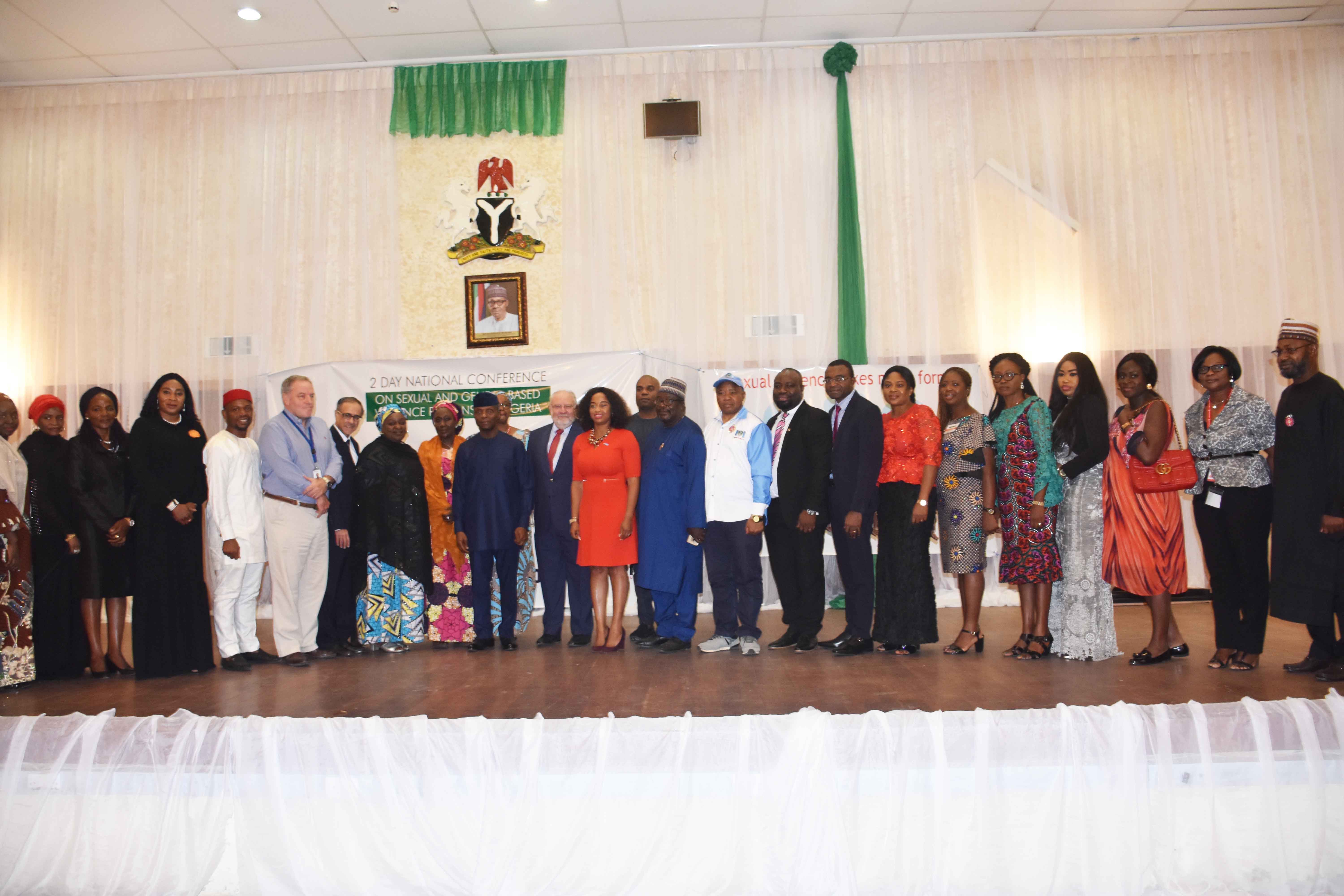 Vice President Yemi Osinbajo (10th left) flanked by Air Peace Chief Operating Officer, Mrs. Oluwatoyin Olajide (4th right), Assistant Procurement Manager of The Foundation for Ethnic Harmony in Nigeria, Mrs. Motunrayo Boladale (3rd right) and others during the National Conference on Sexual and Gender Based Violence at the State House, Abuja on Thursday.