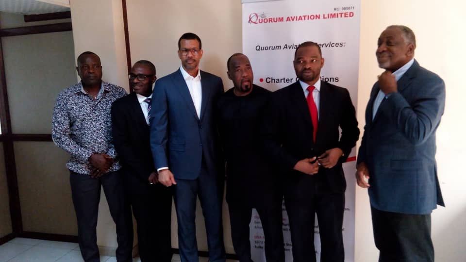 L-R: Benjamin Okafor, Director of Maintenance, Quorun Aviation, Nnamdi Udoh, member of the Board, Captain Dapo Olumide, member of the Board, M.D. Abubakar, Chairman of the Board,, Abiola Lawal, CEO/ Managing Director, Ms Sade Doherty, Company Secretary and James Daniel, Chief Operating Officer, Quorum Aviation at the unveiling of the Quorum Aviation Board and Management in Lagos recently.