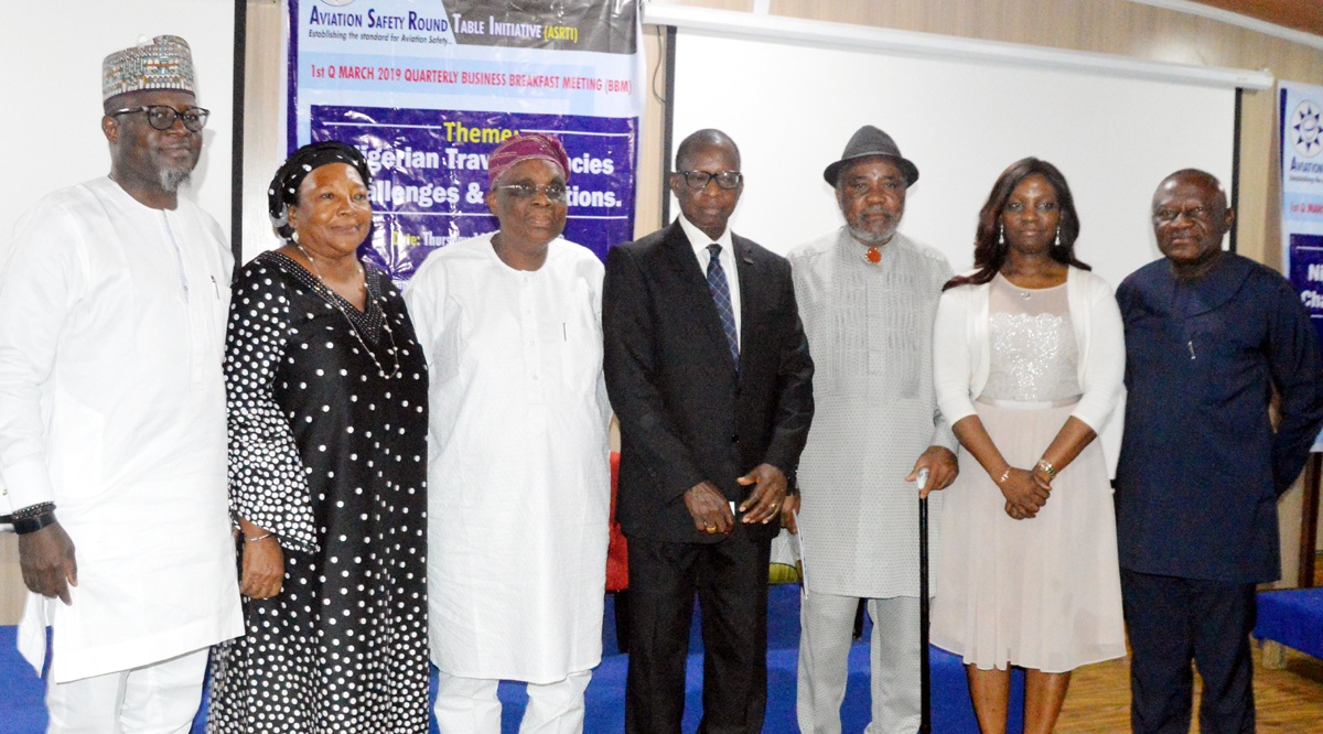 L-R: Mr Bernard Bankole, President. National Association of Nigeria Travel Agencies (NANTA); Mrs Fatima Gorbati, Pioneer Chairman, Agency Investigation Panel; Alhaji Muneer Bankole, MD/CEO, Med-View Airline and Chairman of the Occassion; Dr Gabriel Olowo, President, Aviation Round Table, ART; Captain Benoni Briggs, former Minister of Aviation; Mrs Adetutu Otuyalo, Manager, Corporate Sales, British Airways and Group Captain Edem Uyo Ita (rtd) at the 2019 Quarterly Business Breakfast meeting of Aviation Safety Round Table Initiative held in Lagos on Thursday. Photo Lamidi Bamidele