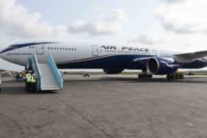 Air Peace 3rd Boeing 777 aircraft, 5N-BWI (Anuli Peggy Onyema) moments after landing at the Murtala Muhammed International Airport, Lagos on Wednesday