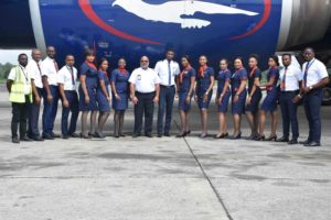 Air Peace crew and staff moments after the carrier’s Boeing 777 aircraft landed at the Port Harcourt International Airport from the Murtala Muhammed International Airport, Lagos on Easter Monday