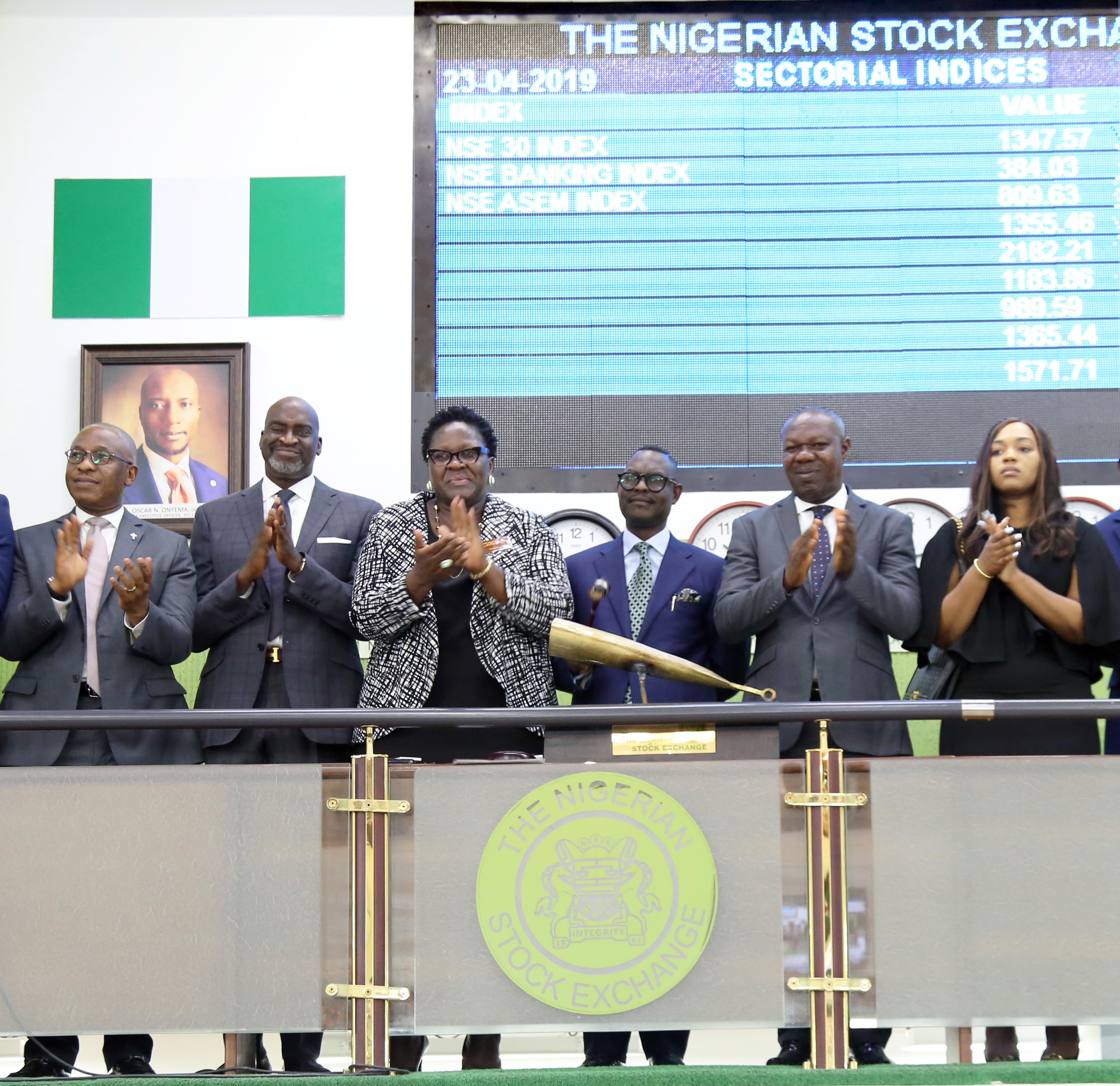 L-R: Director General, Bureau of Public Enterprise, Mr Alex Okoh; Vice Chairman, Skyway Aviation Handling Company PLC (SAHCO), Barr. Chike Ogeah; Executive Director, Regulation, Nigerian Stock Exchange (NSE), Ms. Tinuade Awe; Chairman, SAHCO, Dr (Barr) Taiwo Afolabi; Managing Director/CEO, SAHCO, Mr Basil Agboarumi; Executive Director, Compliance, SIFAX Group, Ms. Mariam Afolabi on the trading floor of the NSE.