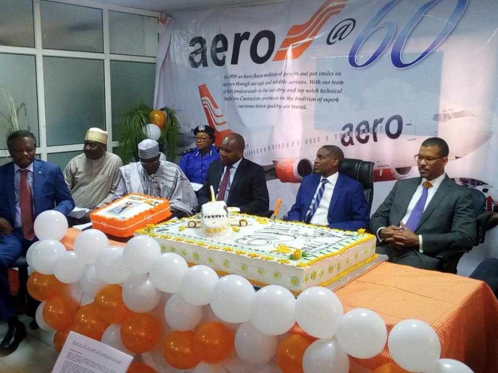 Dr. Harold Demure, (extreme left), former D-G, NCAA, Capt. Ado Sanusi, CEO, Aero (6th from left) and Capt. Dapo Olumide, former MD, Aero at the ceremony to ark the 60 years of existence of Aero on Tuesday