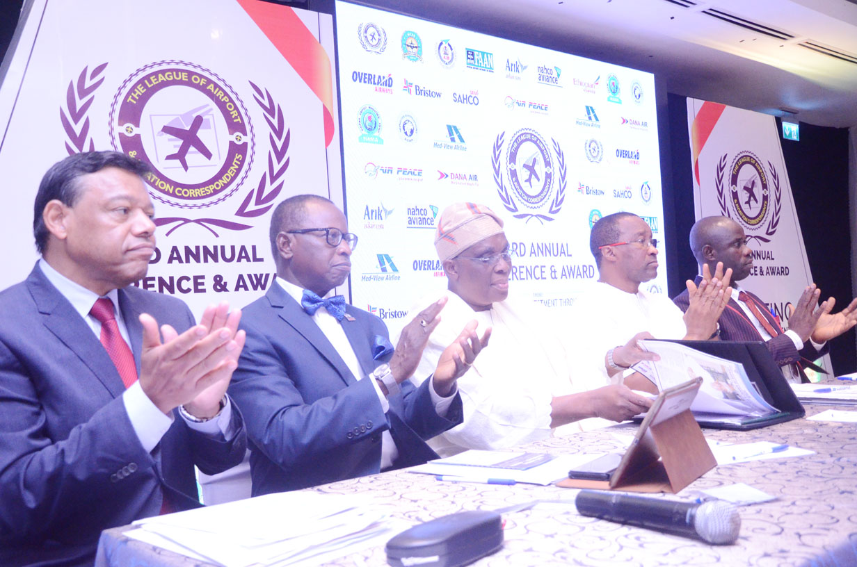 AVAITION CONFERENE 1&2: L-R: President, African Business Aviation Association, Mr.Nick Fadugba, President Aviation Safety Round Table Initiative, Dr,Gbenga Olowo, Managing Director/CEO,, Medview Airline, Alhaji Muneer Bankole, Chief Executie, Topbrass Aiation, Captain Rolan Iyayi and Chairman, League of Airport and Aviation Correspondents [LAAC] during the 23rd edition of LAAC Annual Conference/Awards held at the Redisson Blu Hotel, ikeja yesterday